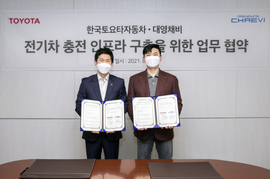 이병진(왼쪽) 렉서스코리아 상무와 정민교 대영채비 대표이사가 전기차 충전 인프라 구축을 위한 업무협약' 체결 후 기념사진을 찍고 있다.<한국토요타자동차 제공>